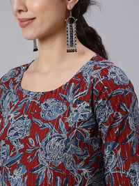 Thumbnail for NOZ2TOZ Women Maroon And Blue Floral Printed Straight Kurta And Palazzo With Palazzo - Distacart