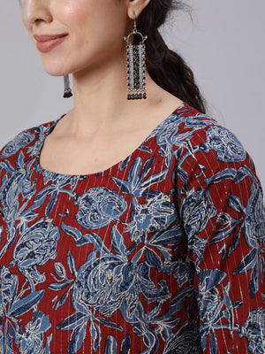 NOZ2TOZ Women Maroon And Blue Floral Printed Straight Kurta And Palazzo With Palazzo - Distacart