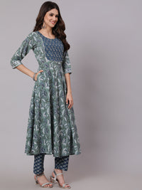 Thumbnail for NOZ2TOZ Women Green And Blue Printed Flared Kurta With Palazzo And Dupatta - Distacart