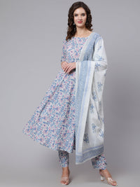 Thumbnail for NOZ2TOZ Women Grey Floral Printed Flared Kurta With Trouser And Dupatta - Distacart