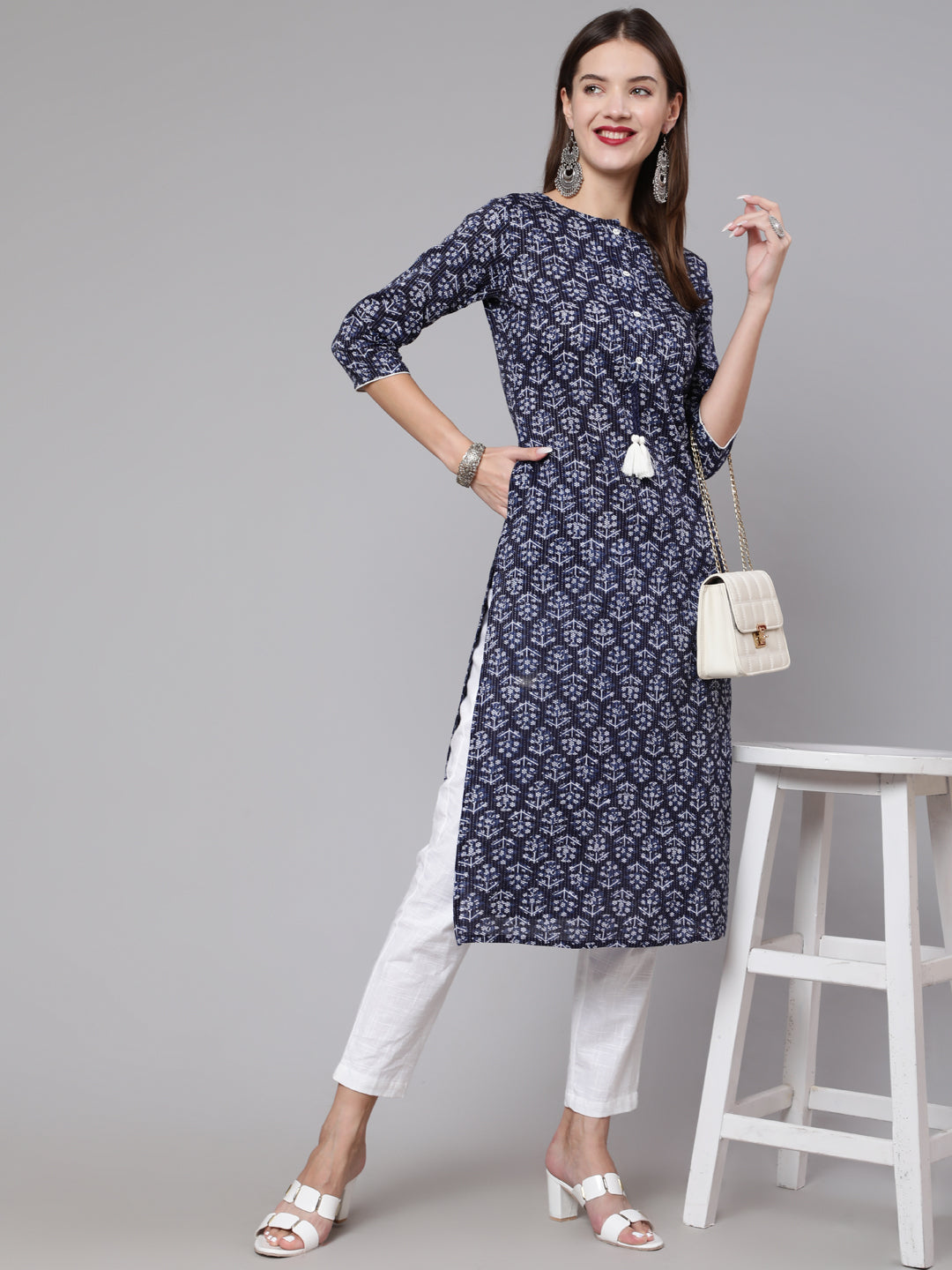 Rayon Base Navy Blue Color Printed Kurti With Silk Weave
