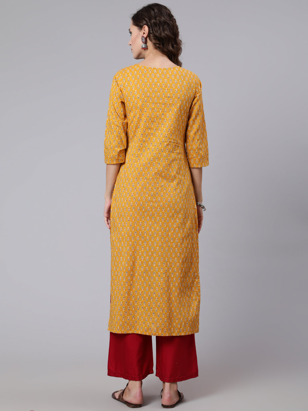 NOZ2TOZ Women Yellow Ethnic Printed Straight Kurta with Three Quarter Sleeves - Distacart