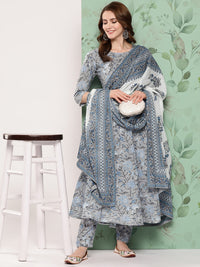 Thumbnail for NOZ2TOZ Women Grey Floral Printed Flared Kurta And Trouser With Dupatta - Distacart