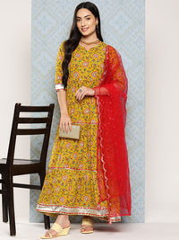 Thumbnail for NOZ2TOZ Women Yellow Floral Printed Flared Dress With Scalloped Dupatta - Distacart