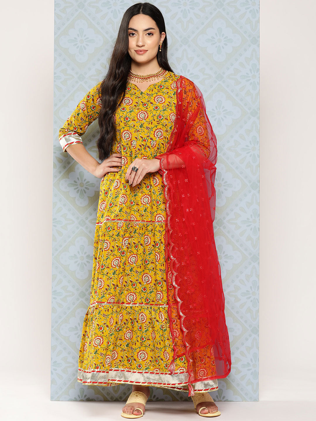 NOZ2TOZ Women Yellow Floral Printed Flared Dress With Scalloped Dupatta - Distacart