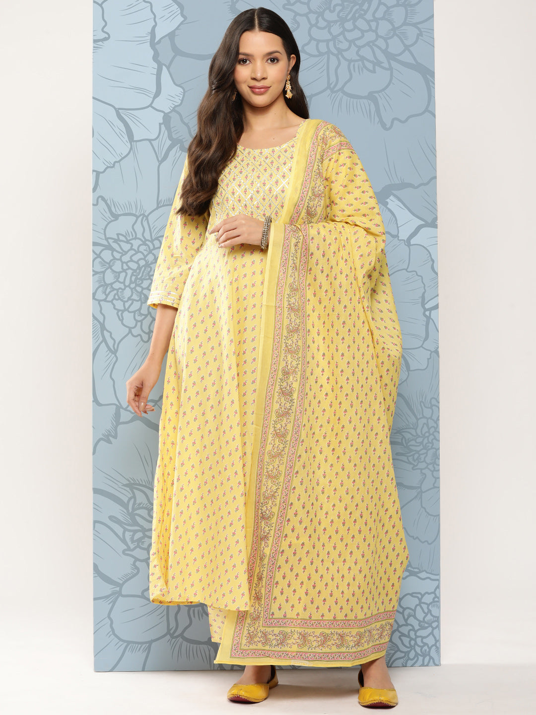 NOZ2TOZ Women Yellow Printed Anarkali Kurta With Trouser And Dupatta - Distacart