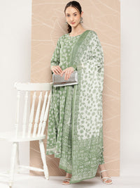 Thumbnail for NOZ2TOZ Women Green Floral Printed Anarkali Kurta With Trouser And Dupatta - Distacart