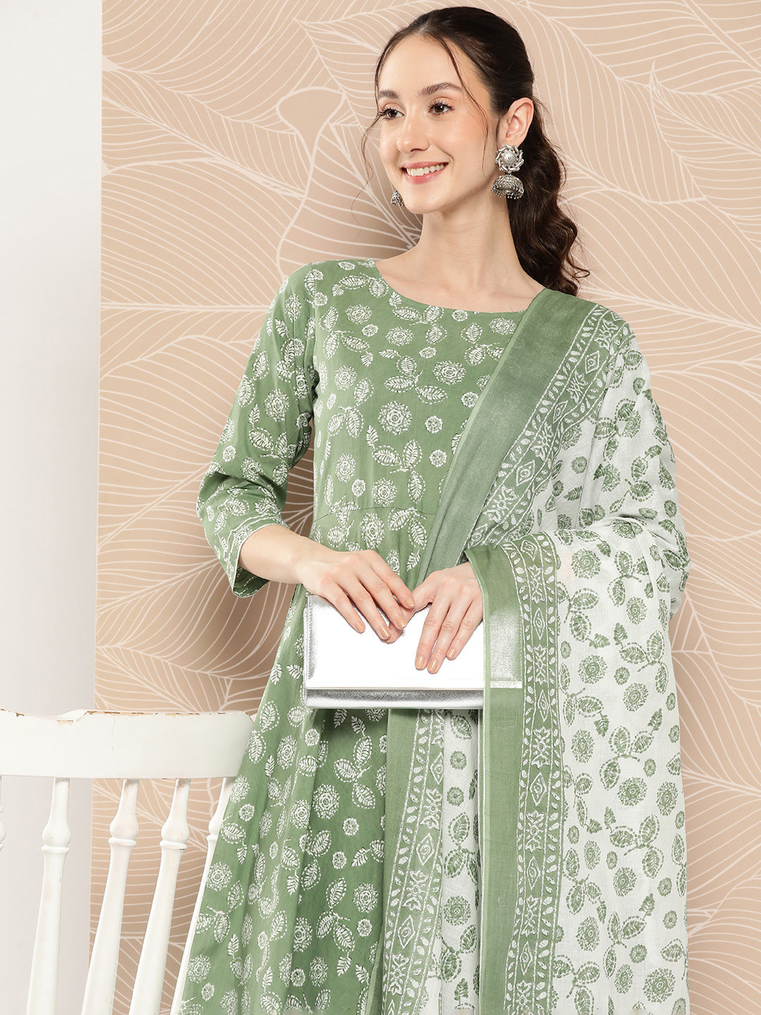NOZ2TOZ Women Green Floral Printed Anarkali Kurta With Trouser And Dupatta - Distacart