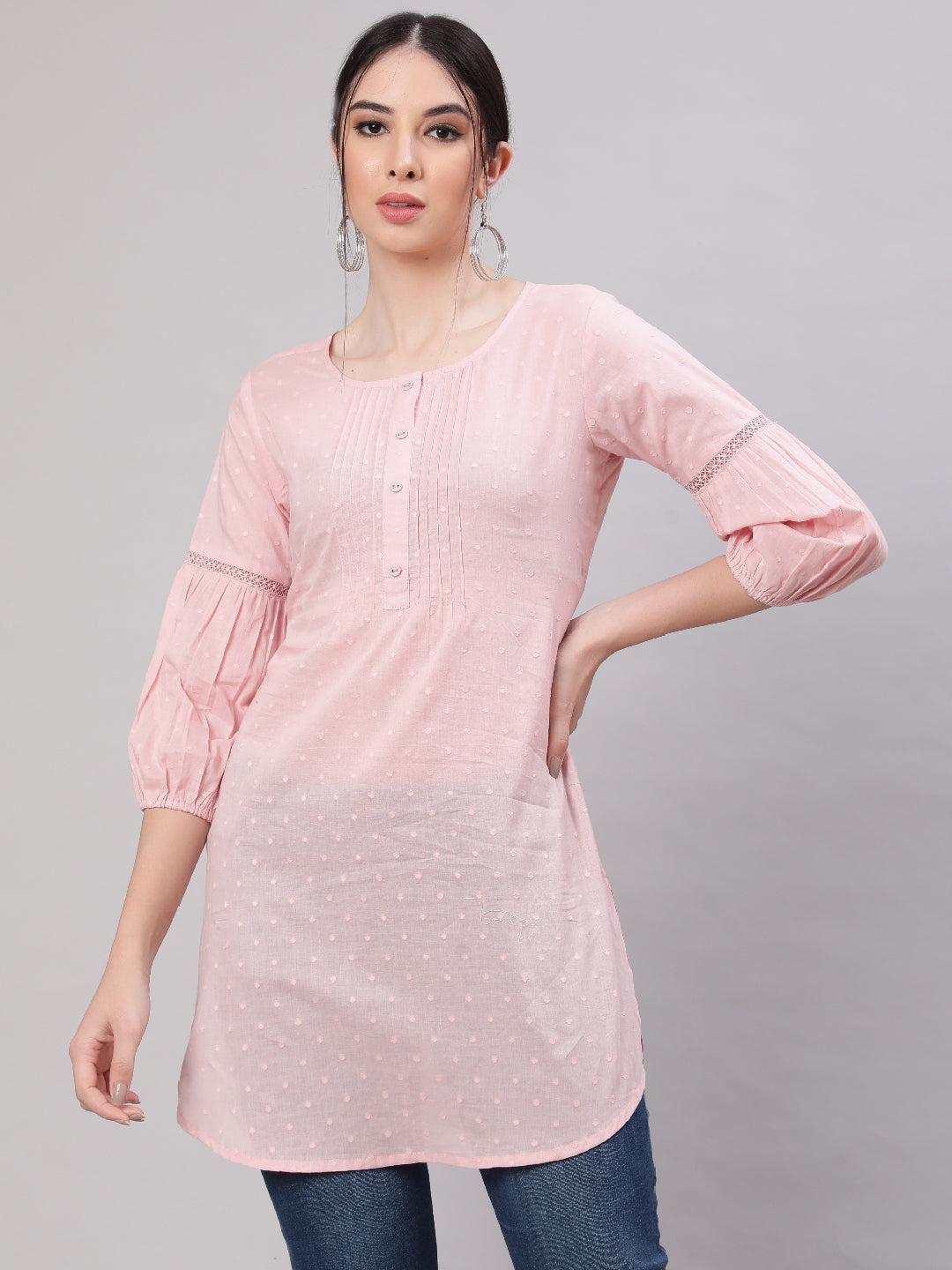 NOZ2TOZ Women Pink Straight Tunic With Three Quaretr Sleeves - Distacart