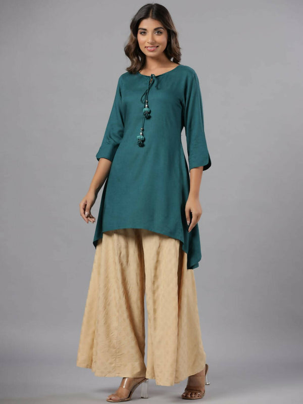 Juniper Women Teal Rayon Solid Asymmetric Kurta - Distacart