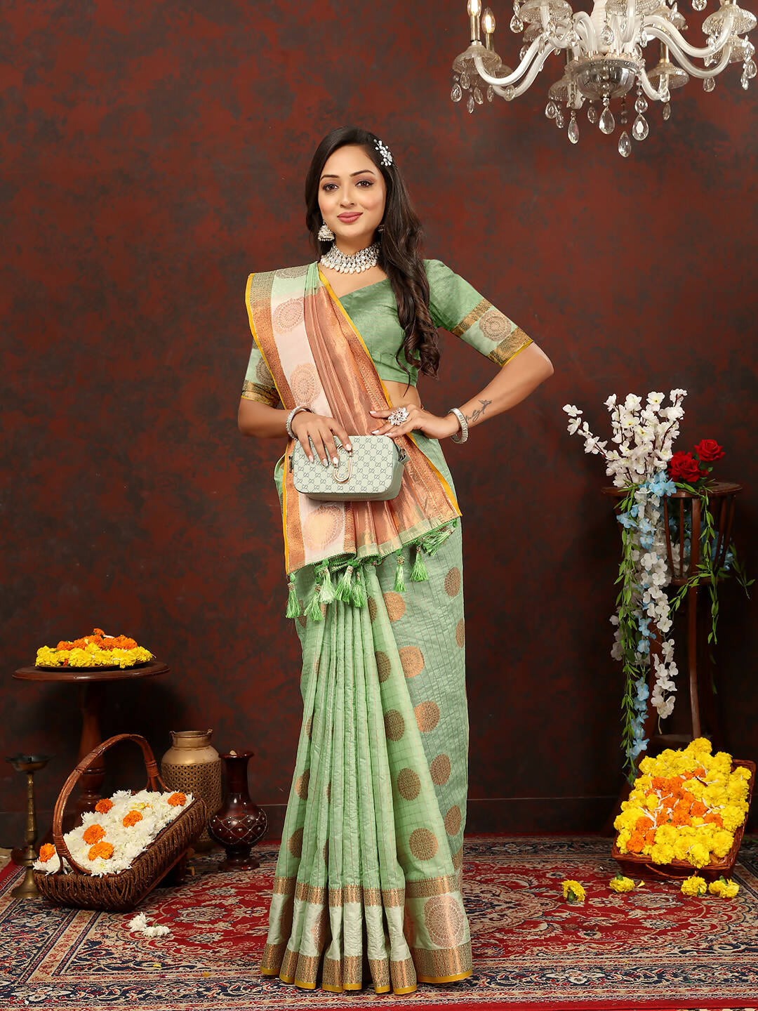 Lorenvalley Fashion Seagreen Cotton with Woven Design Zari Weaving Saree - Distacart