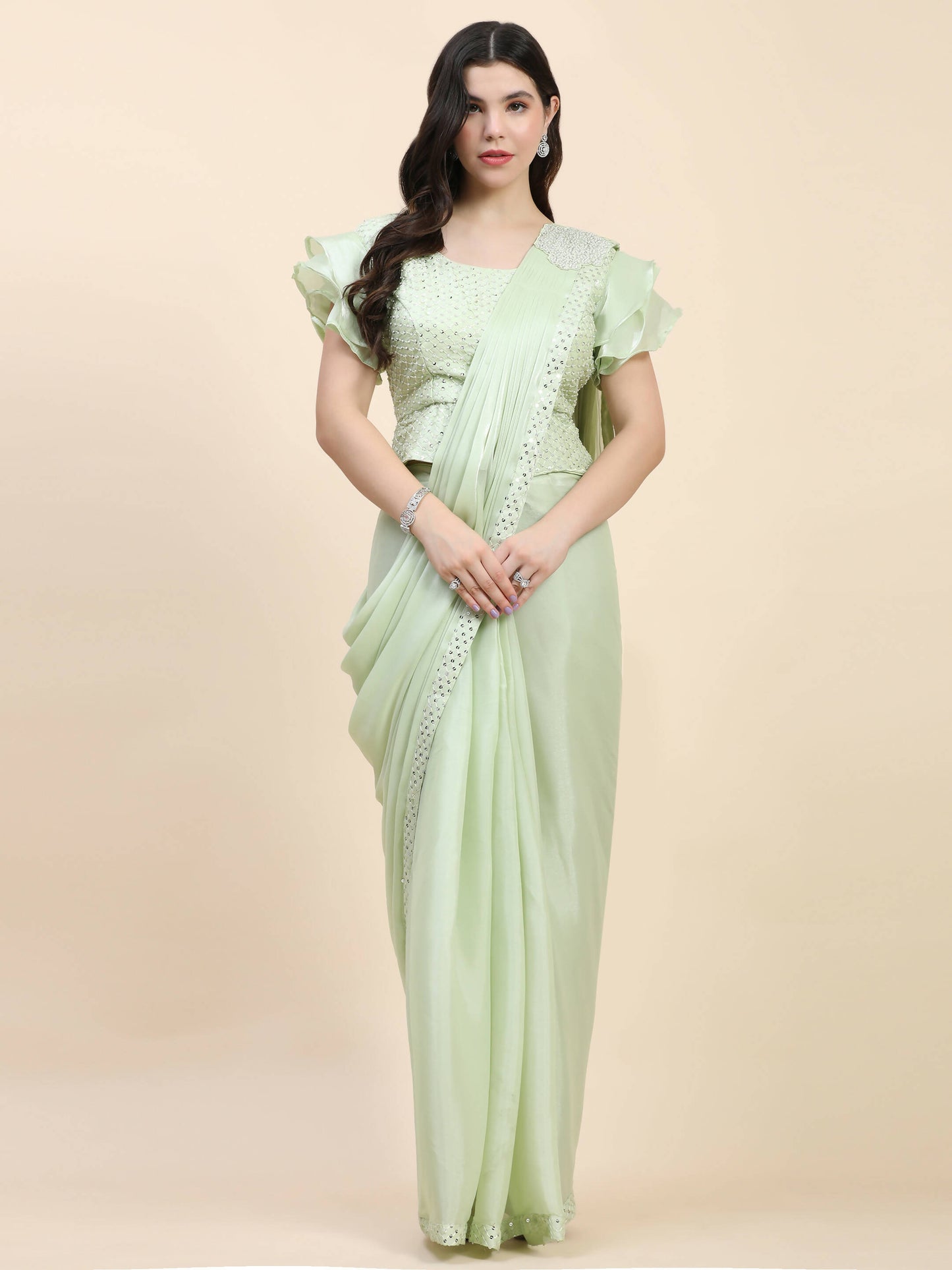 Light Green Silk Satin Sequence Work Ready to Wear Saree with stitched Blouse - Nirvana - Distacart
