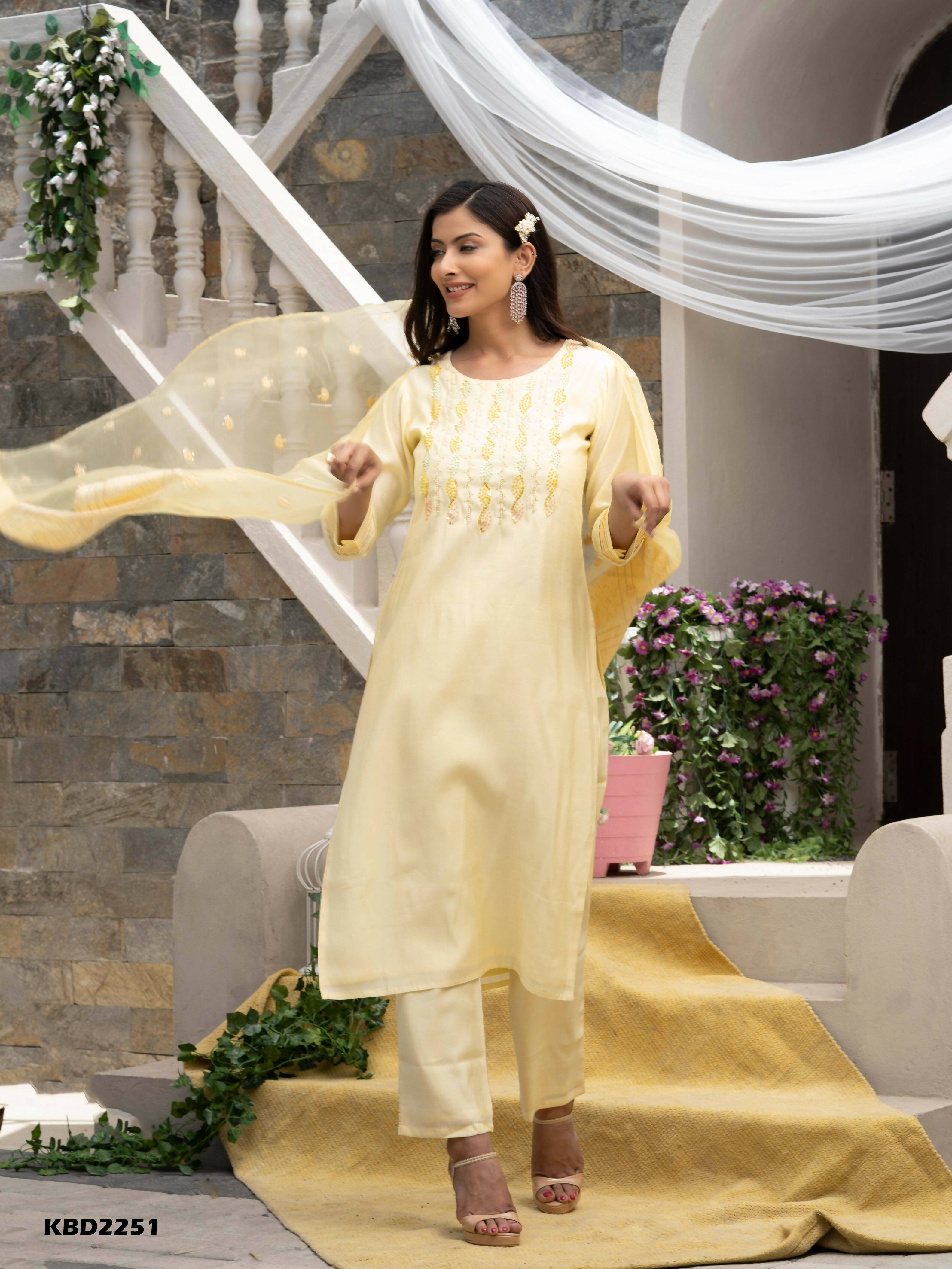 Yellow Roman Silk Plain Kurta with Pant & Dupatta - Disha - Distacart