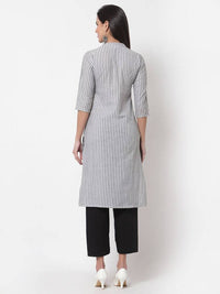 Thumbnail for Myshka Women's Grey Cotton Stripe Pattern 3/4 Sleeve Round Neck Grey Kurti
