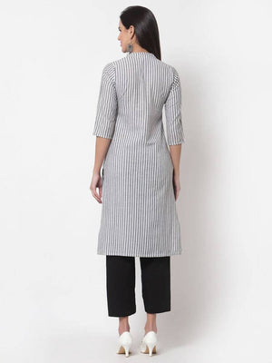 Myshka Women's Grey Cotton Stripe Pattern 3/4 Sleeve Round Neck Grey Kurti
