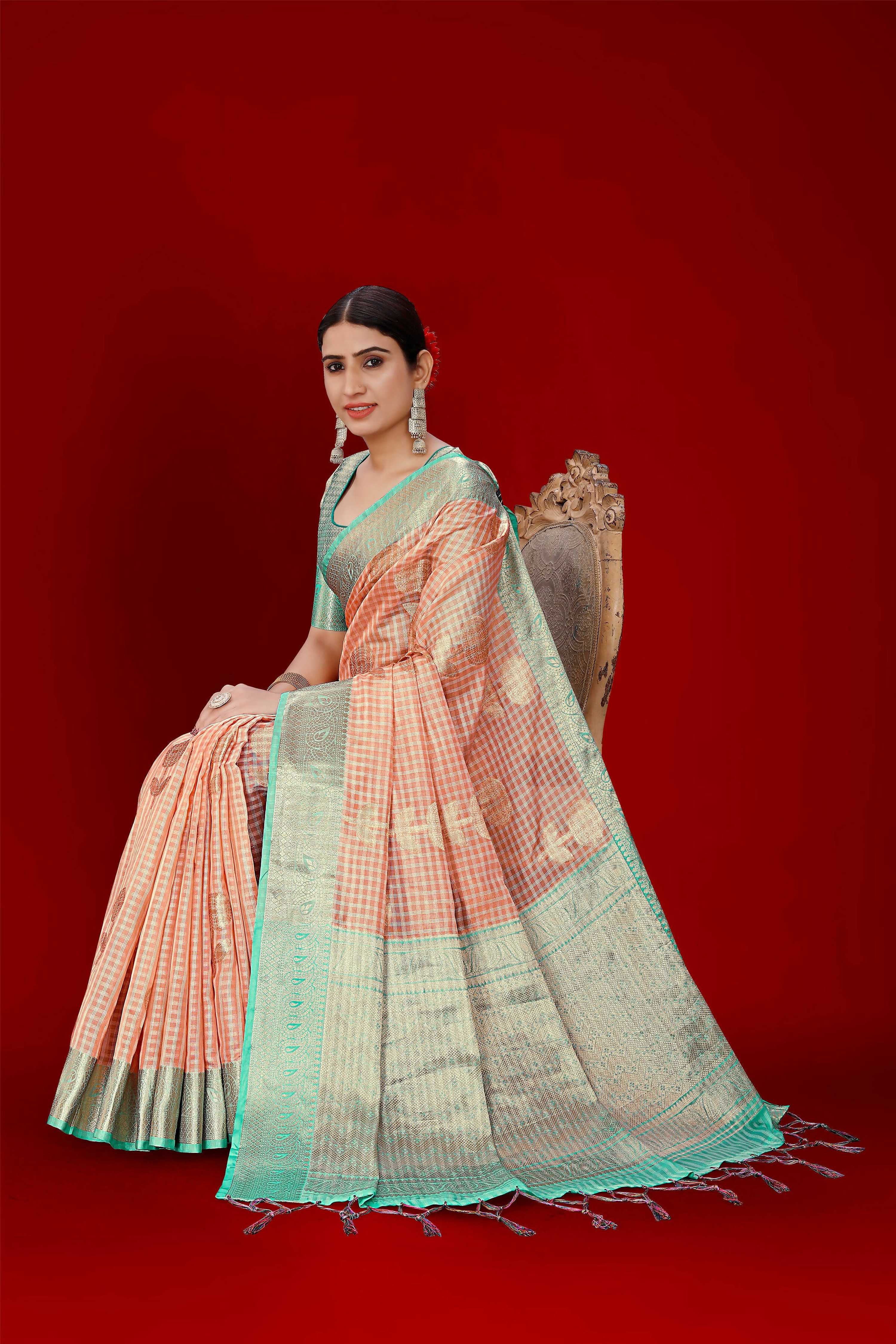 Orange Soft Organza Woven Design Saree With Unstitched Blouse Piece - Zaara - Distacart