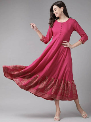 Yufta Magenta Ethnic Motifs Ethnic Maxi Dress
