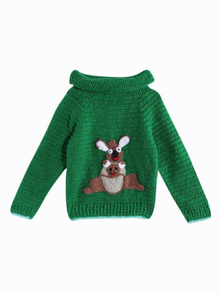 Chutput Kids Woollen Hand Knitted Full Sleeves Kangaroo Detail Cardigan - Green - Distacart