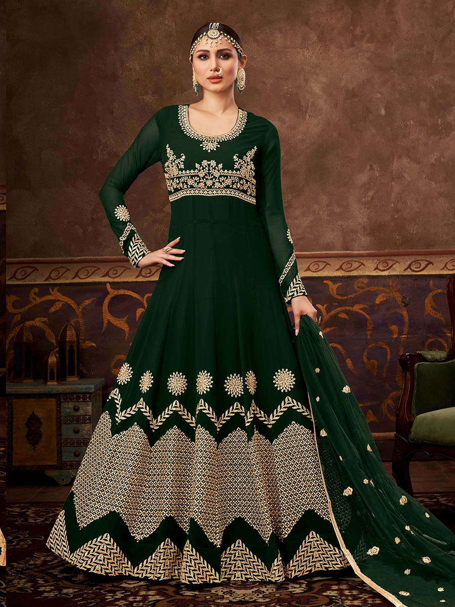 Myra Deep Green Real Georgette Embroidered Anarkali Suit - Distacart