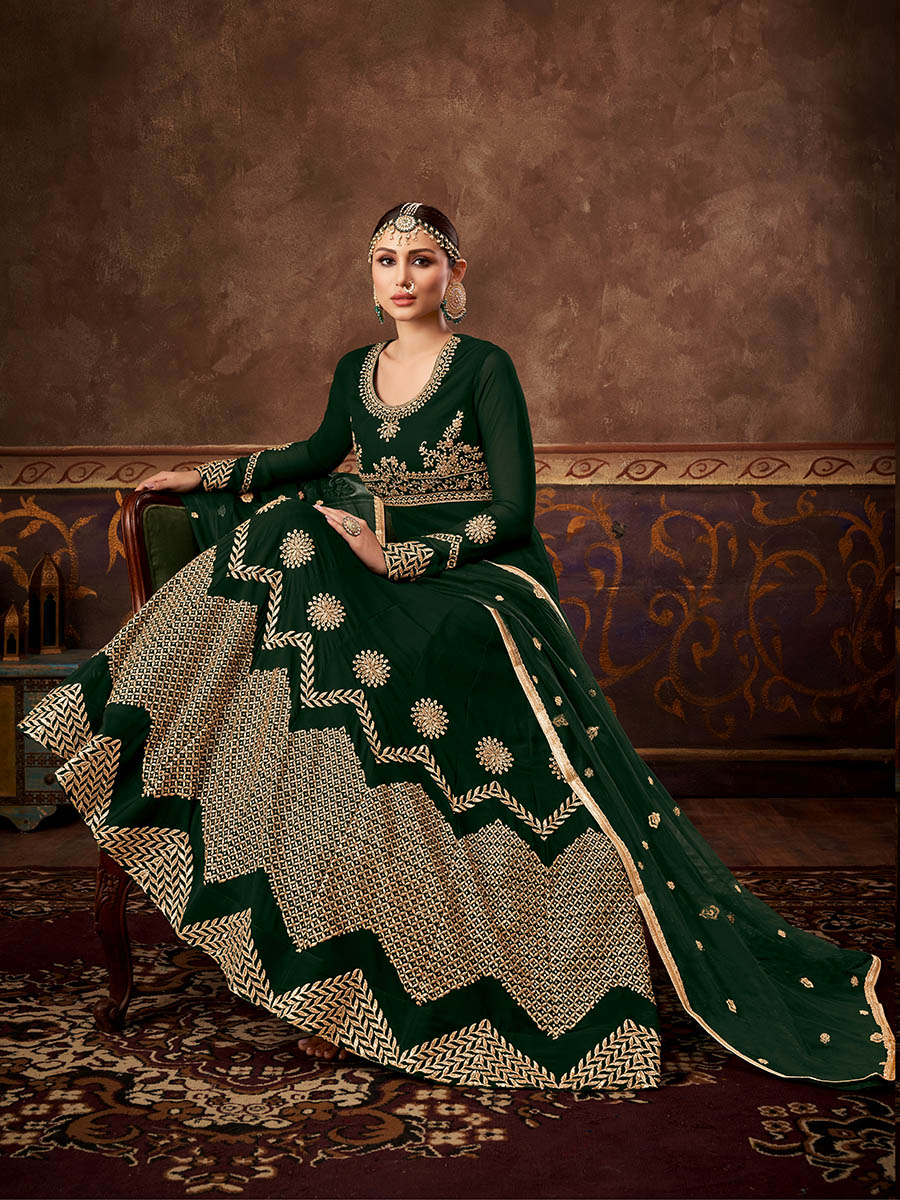 Myra Deep Green Real Georgette Embroidered Anarkali Suit - S Myra Deep Green Real Georgette Embroidered Anarkali Suit - S