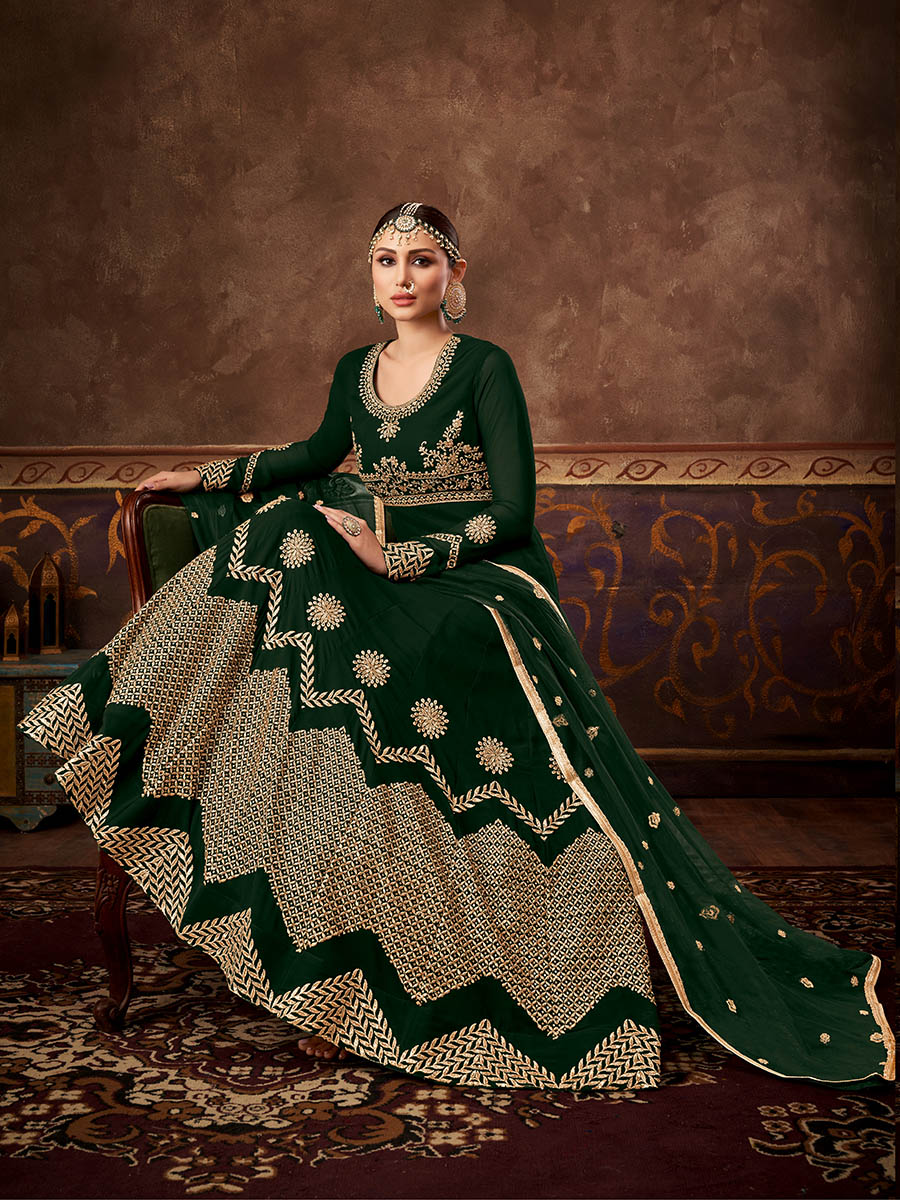 Myra Deep Green Real Georgette Embroidered Anarkali Suit - Distacart