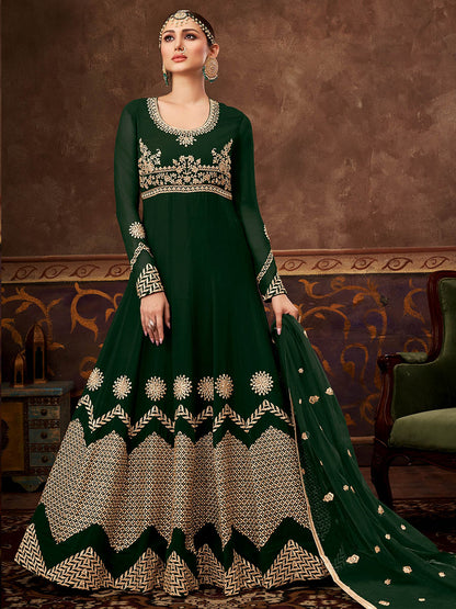 Myra Deep Green Real Georgette Embroidered Anarkali Suit - Distacart