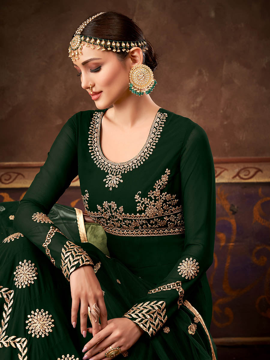 Myra Deep Green Real Georgette Embroidered Anarkali Suit - Distacart