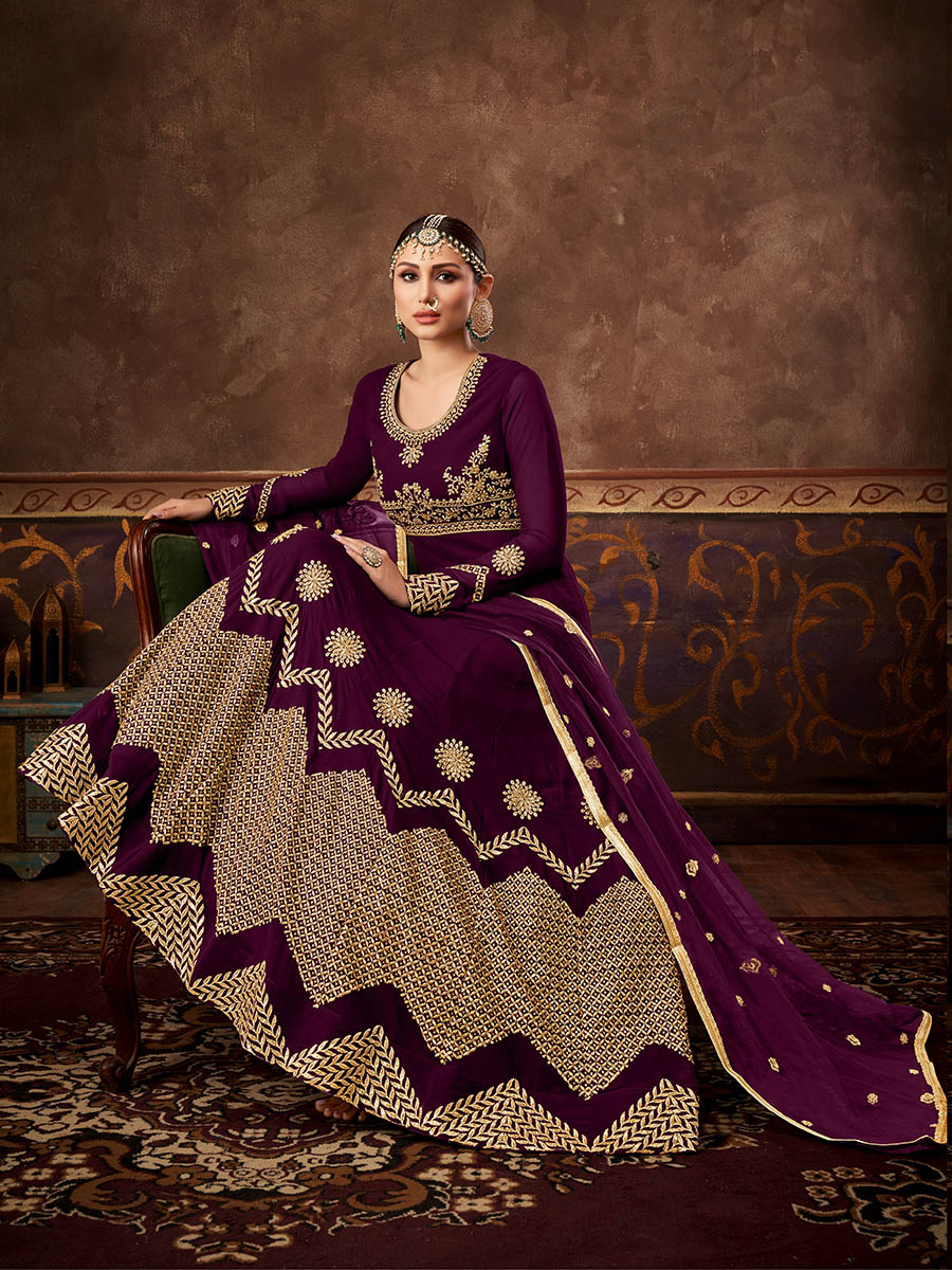 Myra Wine Real Georgette Embroidered Anarkali Suit - Distacart