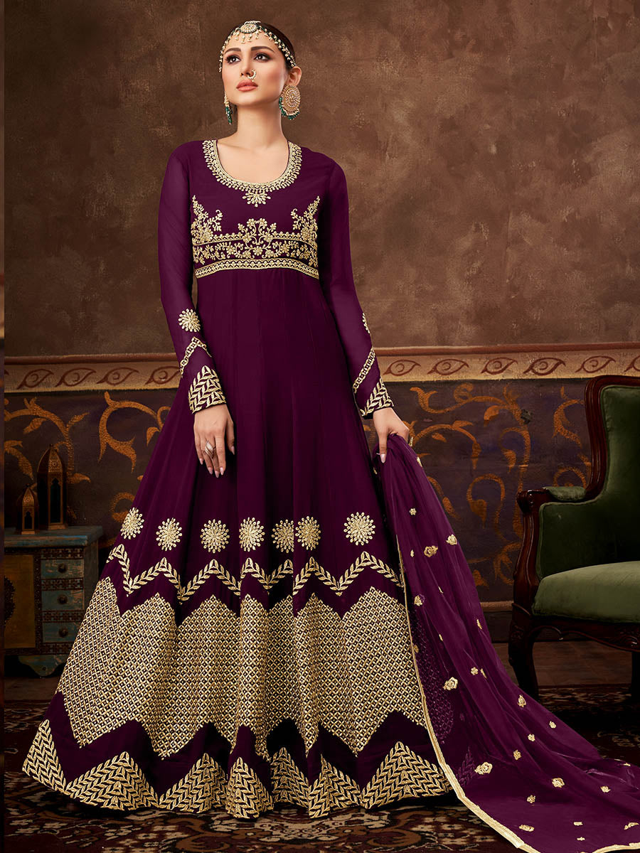 Myra Wine Real Georgette Embroidered Anarkali Suit - Distacart