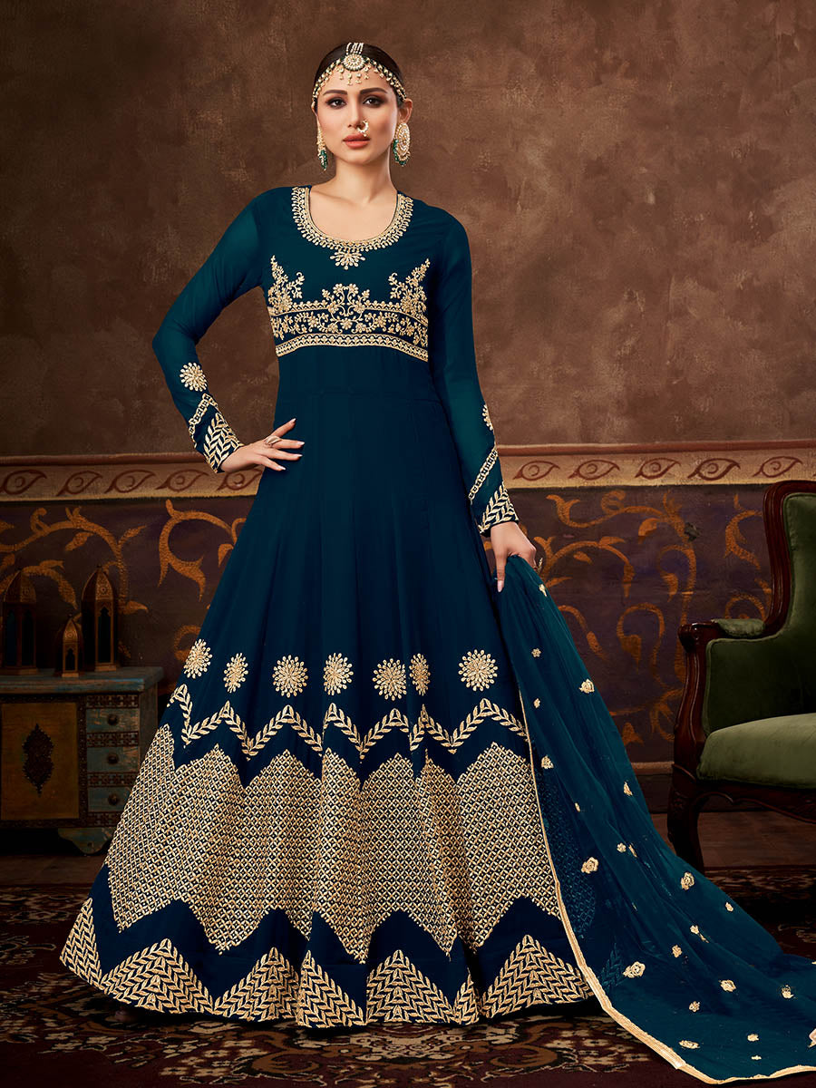 Myra Rama Green Real Georgette Embroidered Anarkali Suit - Distacart