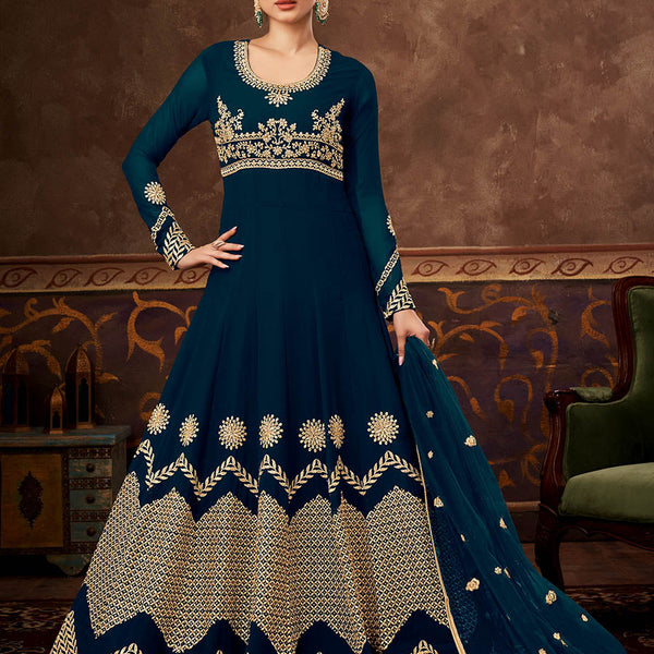 Myra Rama Green Real Georgette Embroidered Anarkali Suit - Distacart