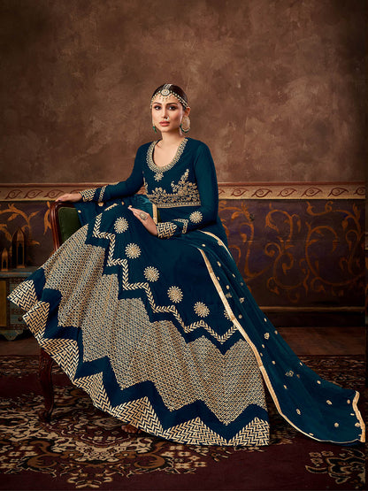 Myra Rama Green Real Georgette Embroidered Anarkali Suit - Distacart