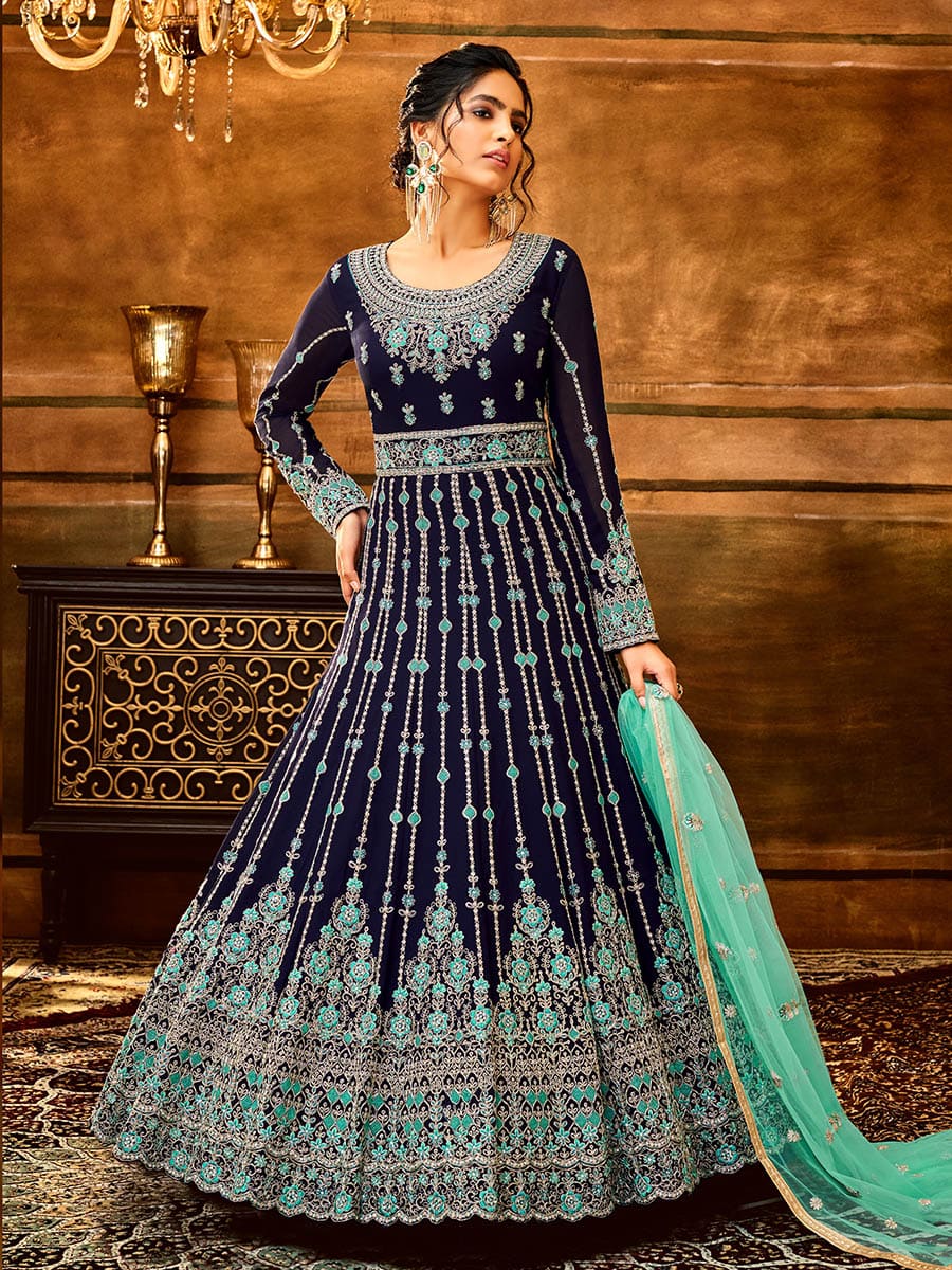 Myra Navy Blue and Sea Blue Pure Georgette Embroidered Party Wear Suit - Distacart