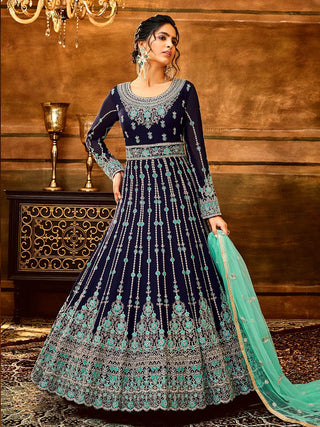Myra Navy Blue and Sea Blue Pure Georgette Embroidered Party Wear Suit - Distacart