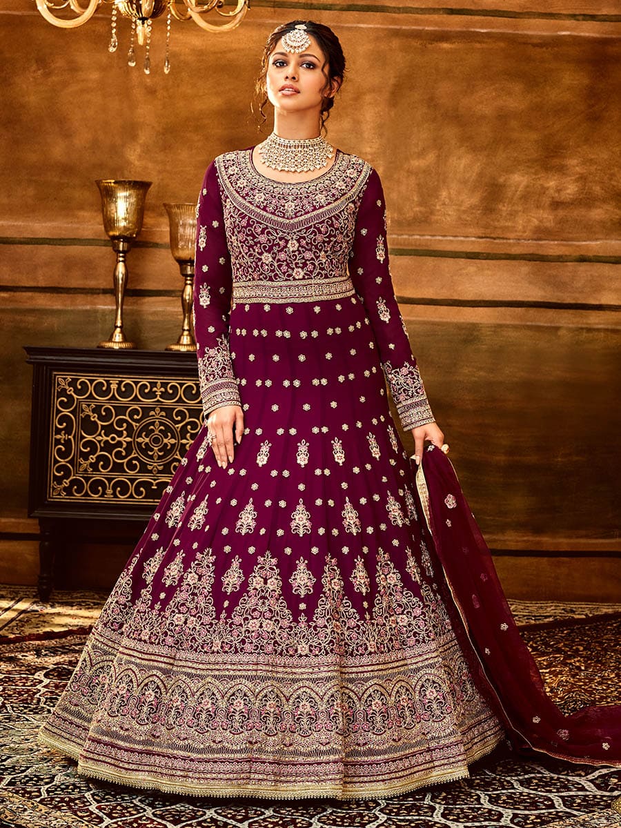 Myra Maroon Pure Georgette Embroidered Party Wear Suit - Distacart