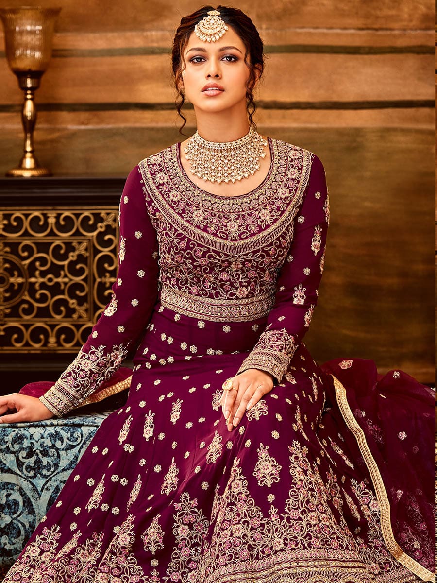 Myra Maroon Pure Georgette Embroidered Party Wear Suit - Distacart