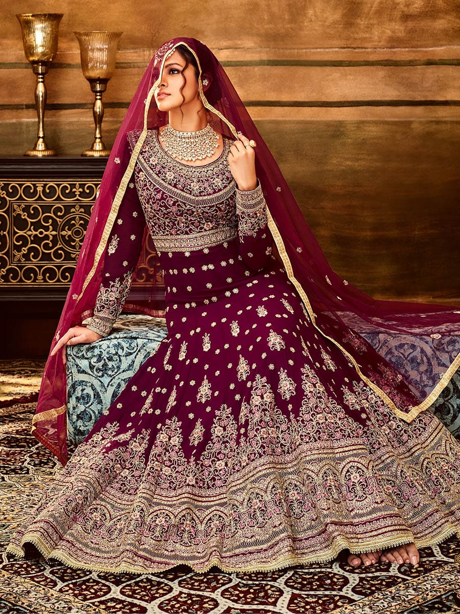 Myra Maroon Pure Georgette Embroidered Party Wear Suit - Distacart
