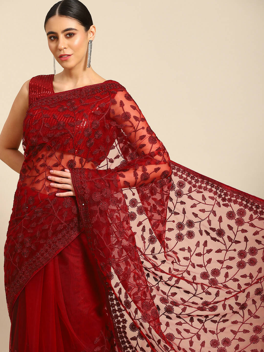 Maroon Woven Design Net Saree with Blouse Piece - Kalamkari - Distacart