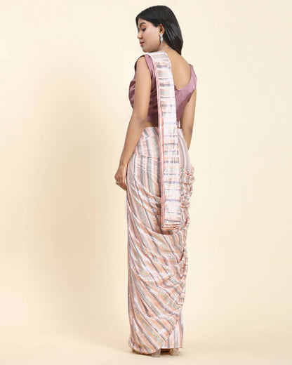 Peach Pure Georgette Sequence work Ready to wear Saree with stitched Blouse - Satiksha - Distacart