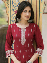 Thumbnail for Cheera Embellished Daily Wear Cotton Blend Kurta - Red - Distacart