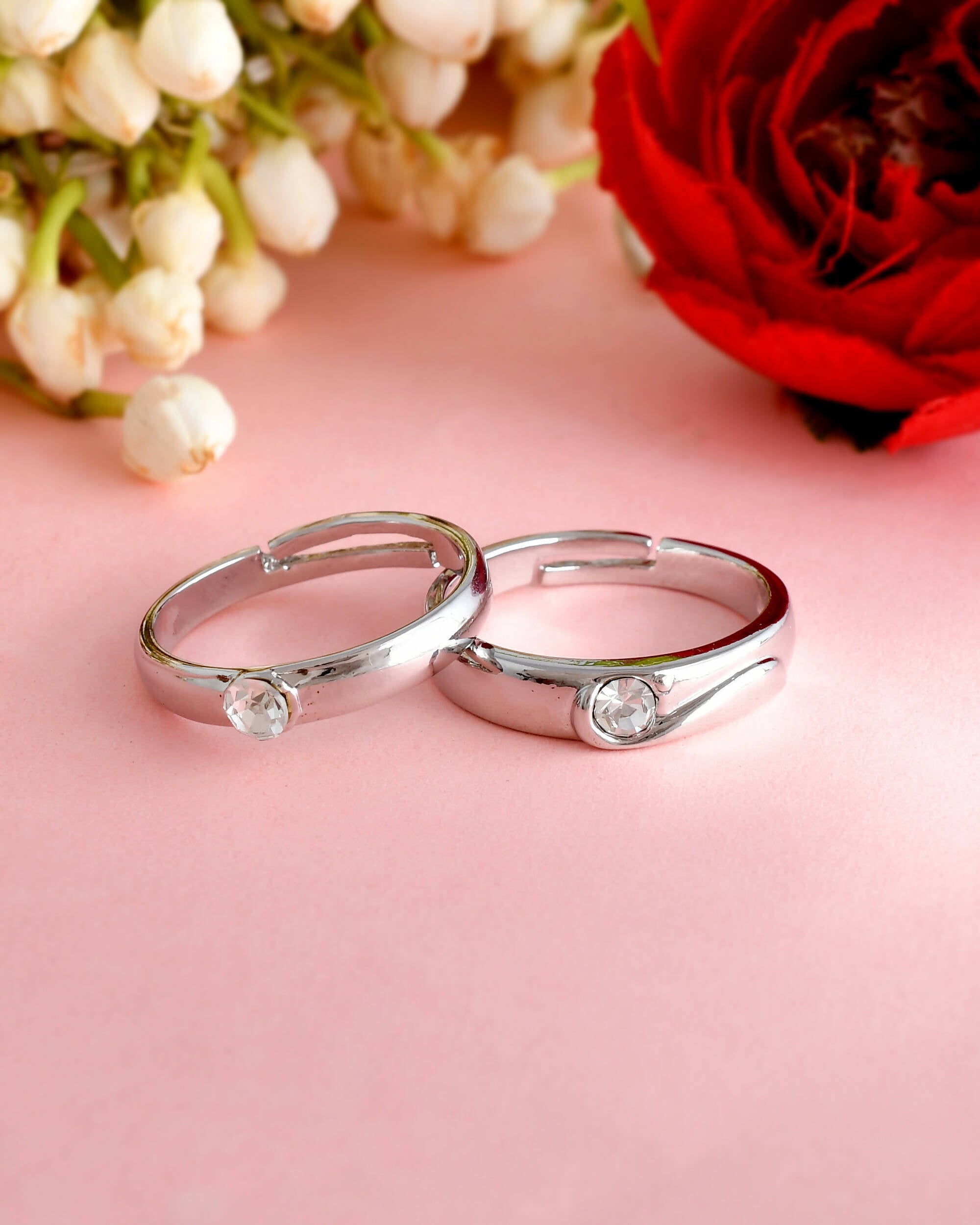 VOJ Stainless Steel Cubic Zirconia Silver Plated Adjustable Ring Set for Couple - Distacart