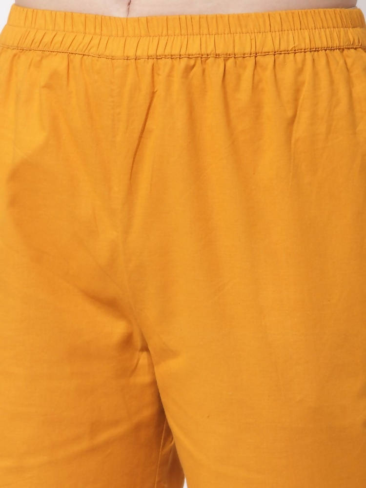 Myshka Mustard Color Cotton Solid Kurta With Pant Dupatta Set