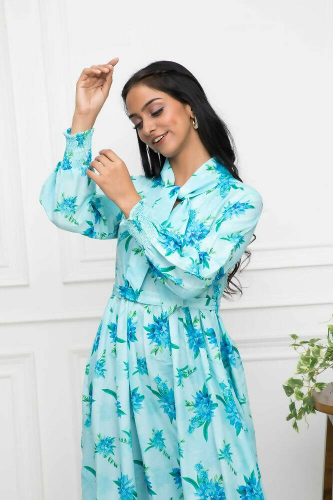 Myshka Women Blue Floral Rayon A-Line Shirt Collar Dress - Distacart
