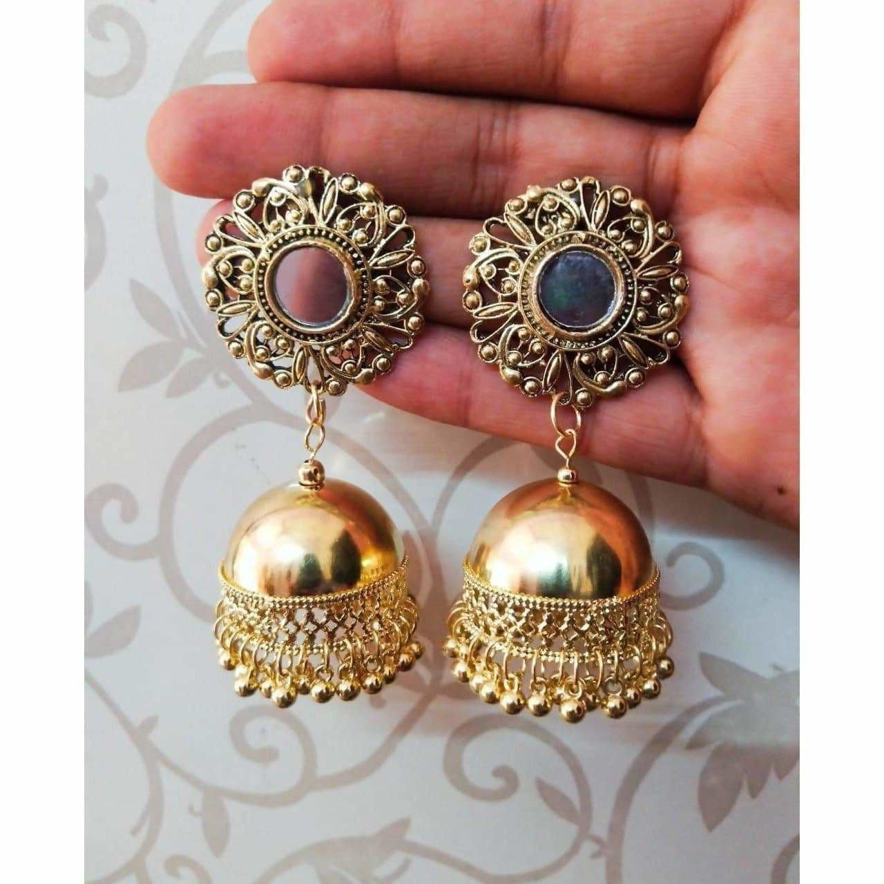 Gold Color Oxidized Designer Traditional Jhumka Floral Stud Earrings