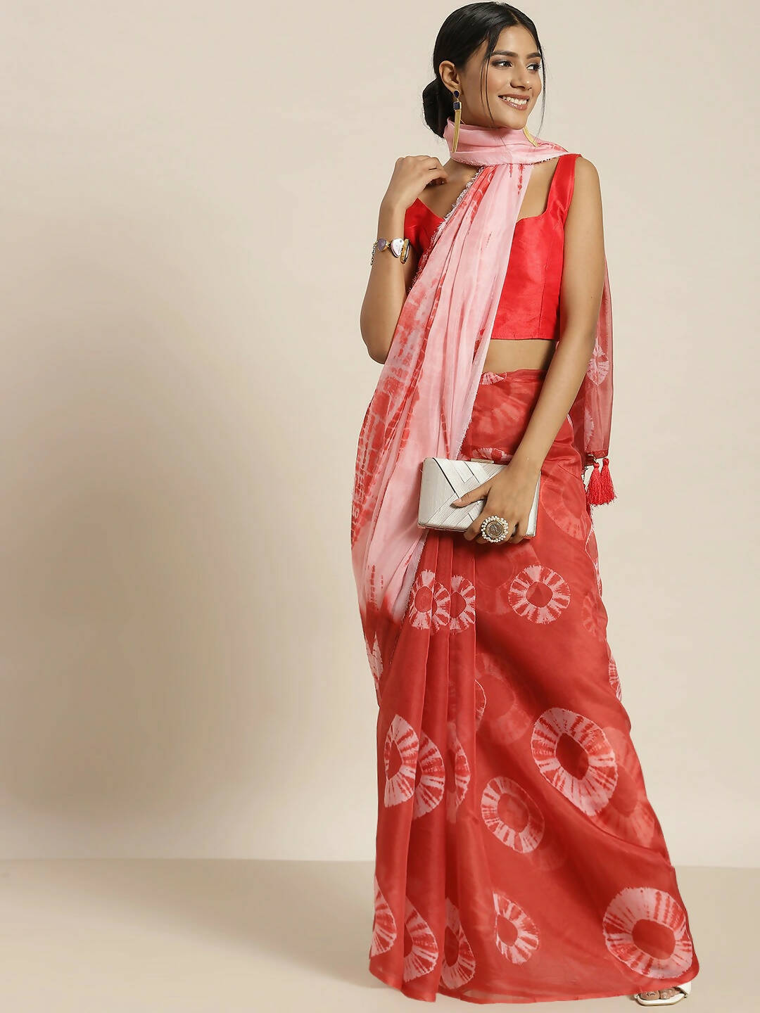 Red Organza Printed Saree With Blouse Piece - Nivaa - Distacart