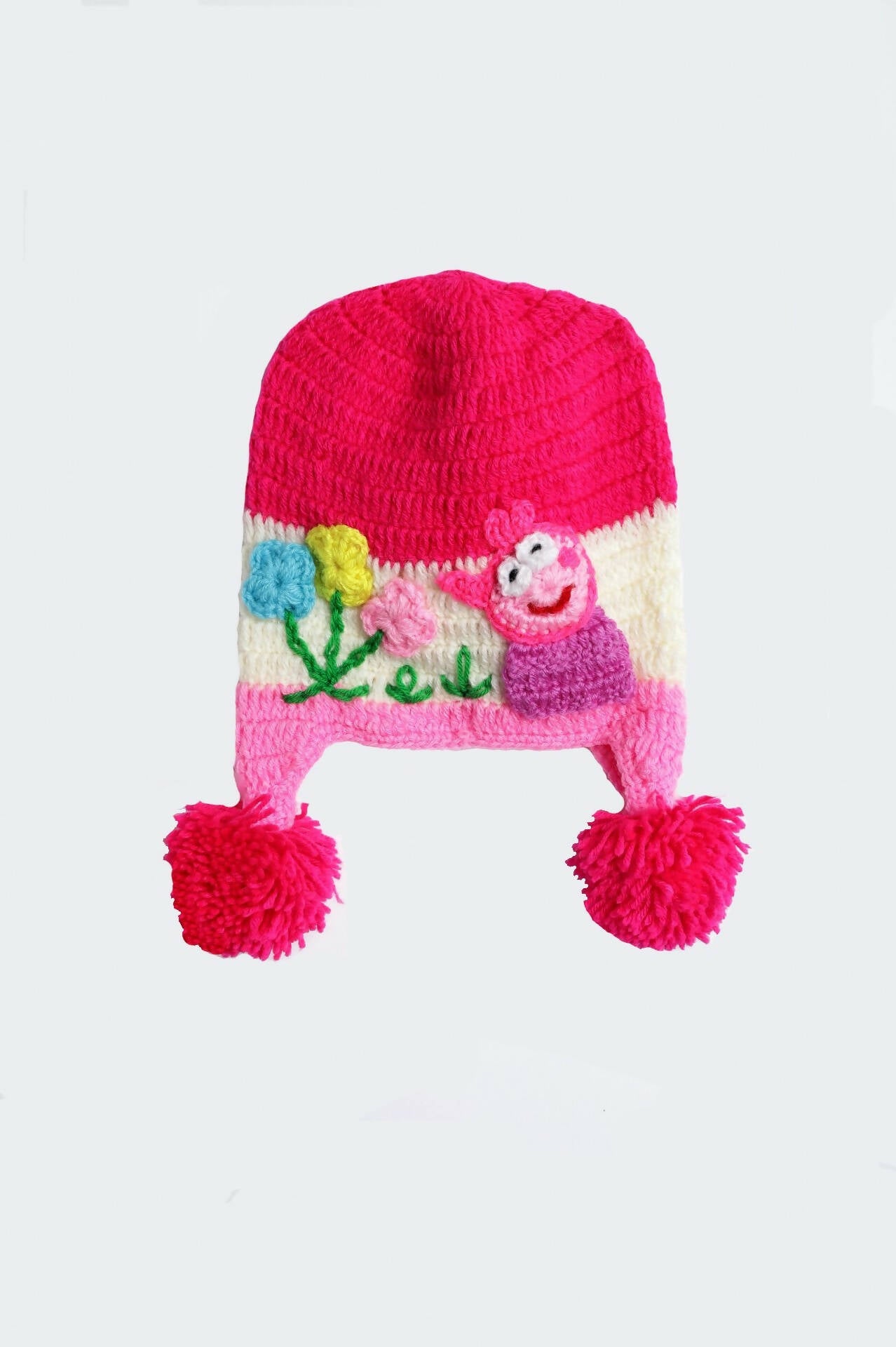Chutput Kids Woollen Hand Knitted Flower And Animal Detailed Cap - Pink - Distacart