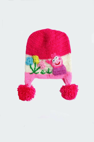 Chutput Kids Woollen Hand Knitted Flower And Animal Detailed Cap - Pink - Distacart