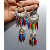 Thumbnail for Half Moon Style Silver Earrings With Hanging Chain Jhumka Multicolor Pearls Earrings