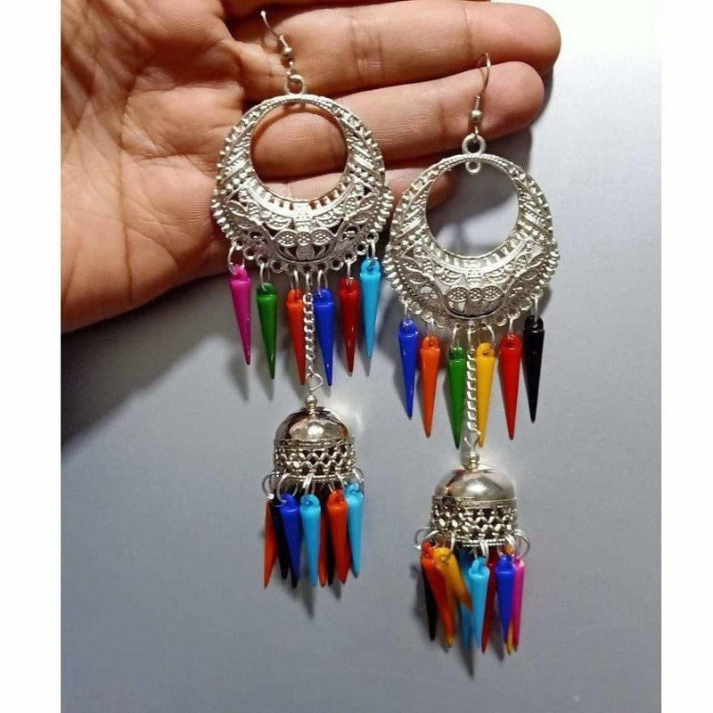 Half Moon Style Silver Earrings With Hanging Chain Jhumka Multicolor Pearls Earrings