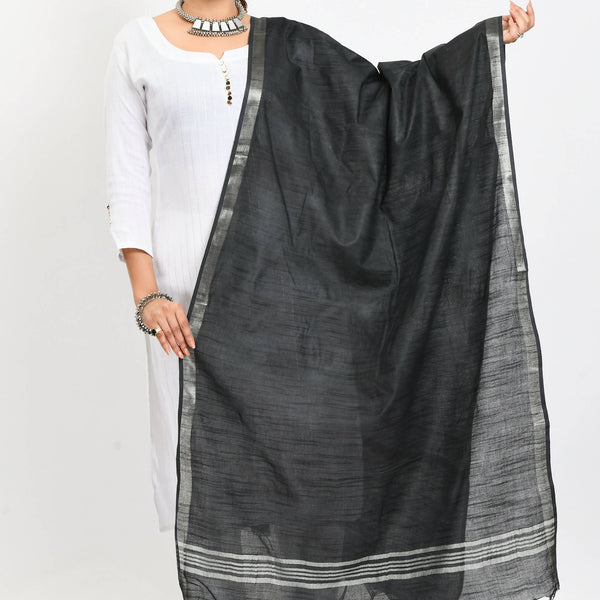 Mominos Fashion Moeza Women's Linen Cotton Silver Border Black Dupatta - Distacart